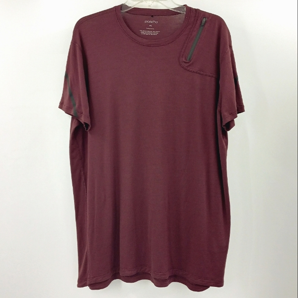 Paskho Maroon Short Sleeve T-Shirt Mens XXL Shoulder Pocket Wool Silk Base Layer